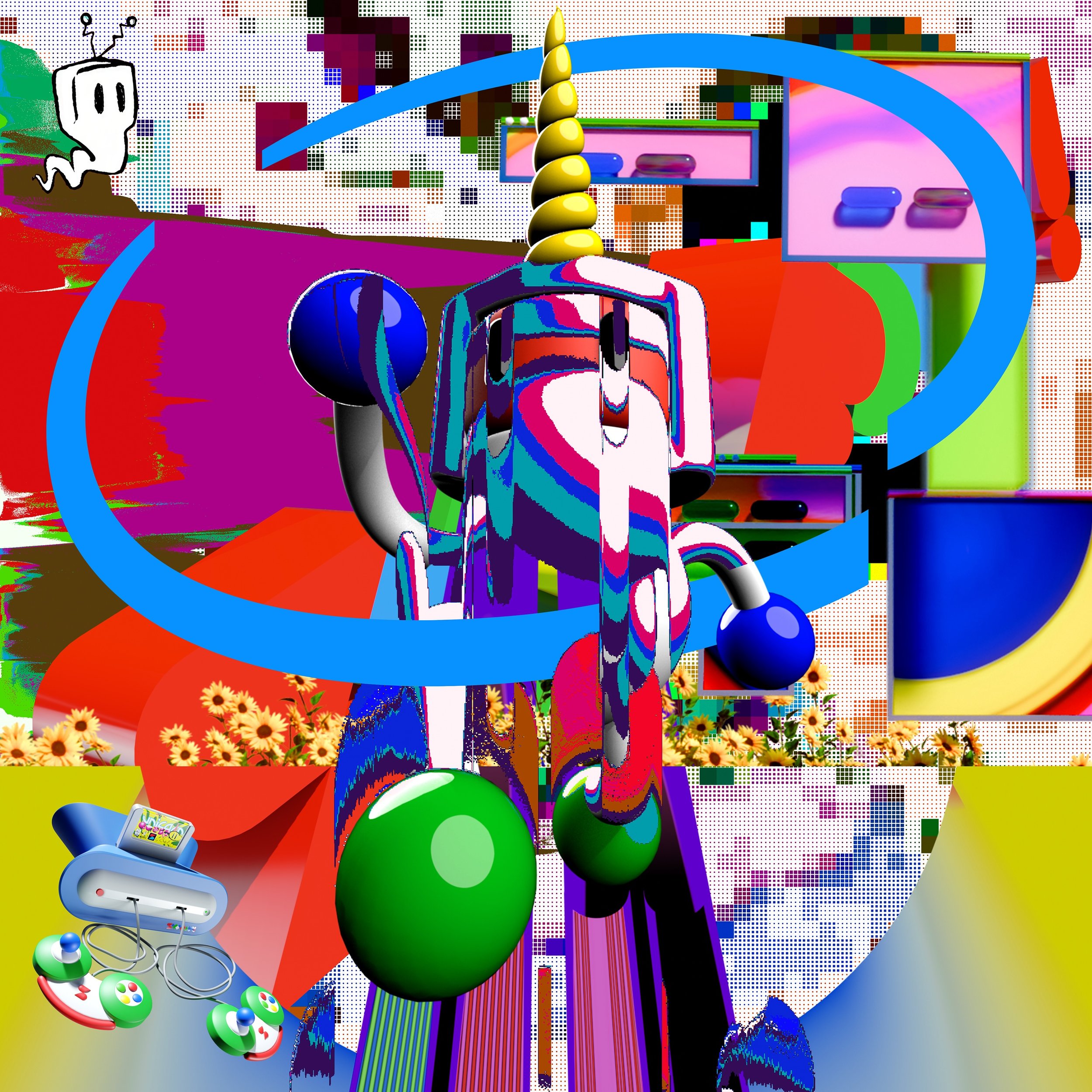 Abstract surrealist artwork by Jonathan Zawada for The Avalanches' "Together." Features vibrant 3D shapes, digital glitches, and a retro game console.