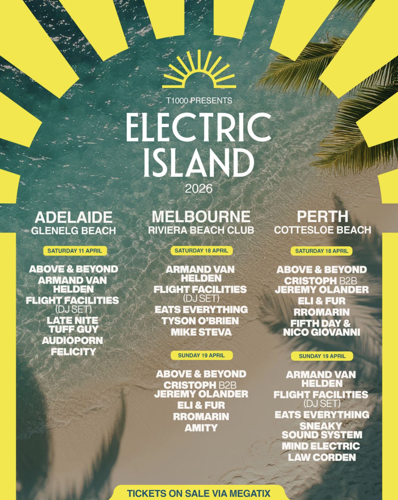 Electric Island 2026 music festival poster featuring headliners Above & Beyond and Armand Van Helden for Adelaide, Melbourne, and Perth dates.