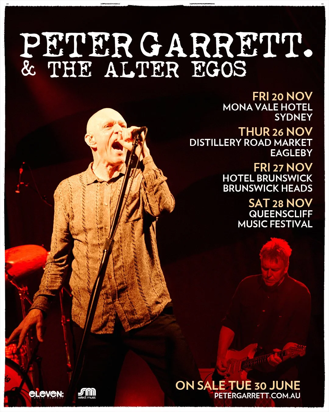 Peter Garrett & The Alter Egos tour poster featuring live performance images, announcing November Australian tour dates under a dark background.