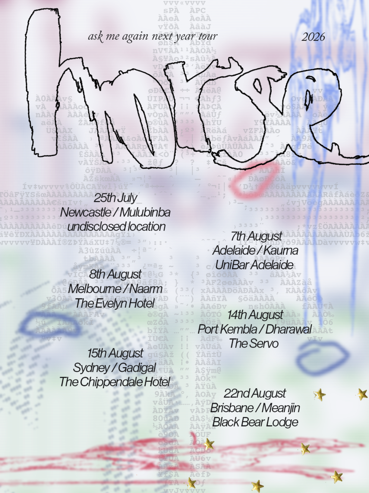 Concert poster for horse "ask me again next year tour" 2026, featuring Australian tour dates overlaid on an abstract background.
