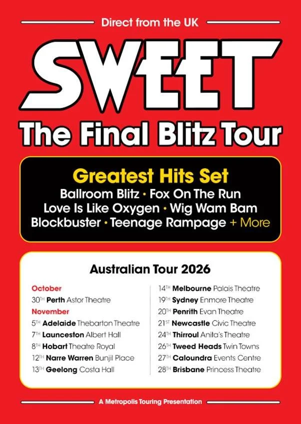 Sweet: The Final Blitz Tour 2026 Australia poster. Red background listing greatest hits & Oct/Nov dates for Perth, Melbourne, Sydney, and Brisbane.