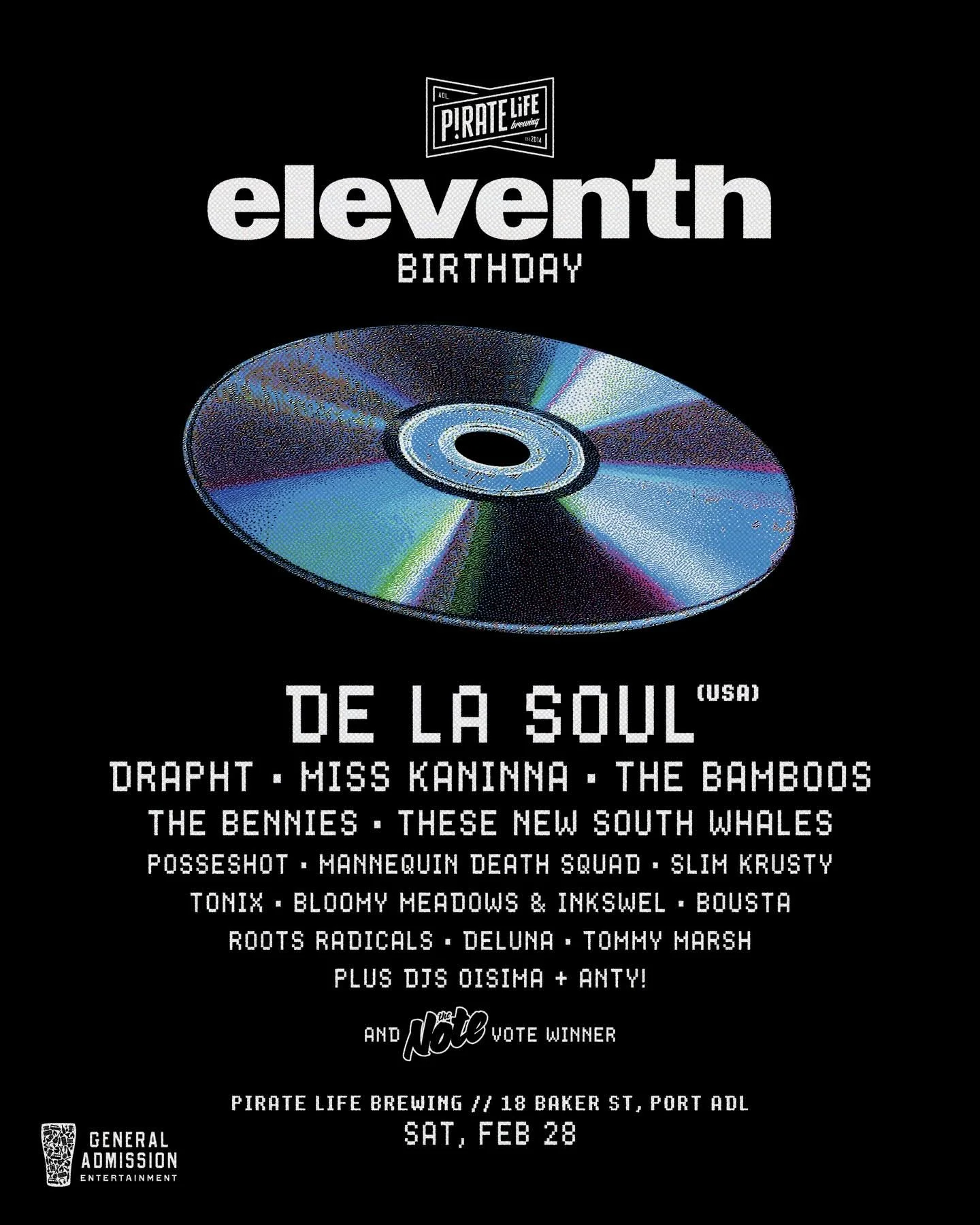 Pirate Life Brewing Eleventh Birthday event poster featuring De La Soul (USA), Drapht, Miss Kaninna, The Bamboos, and other artists.