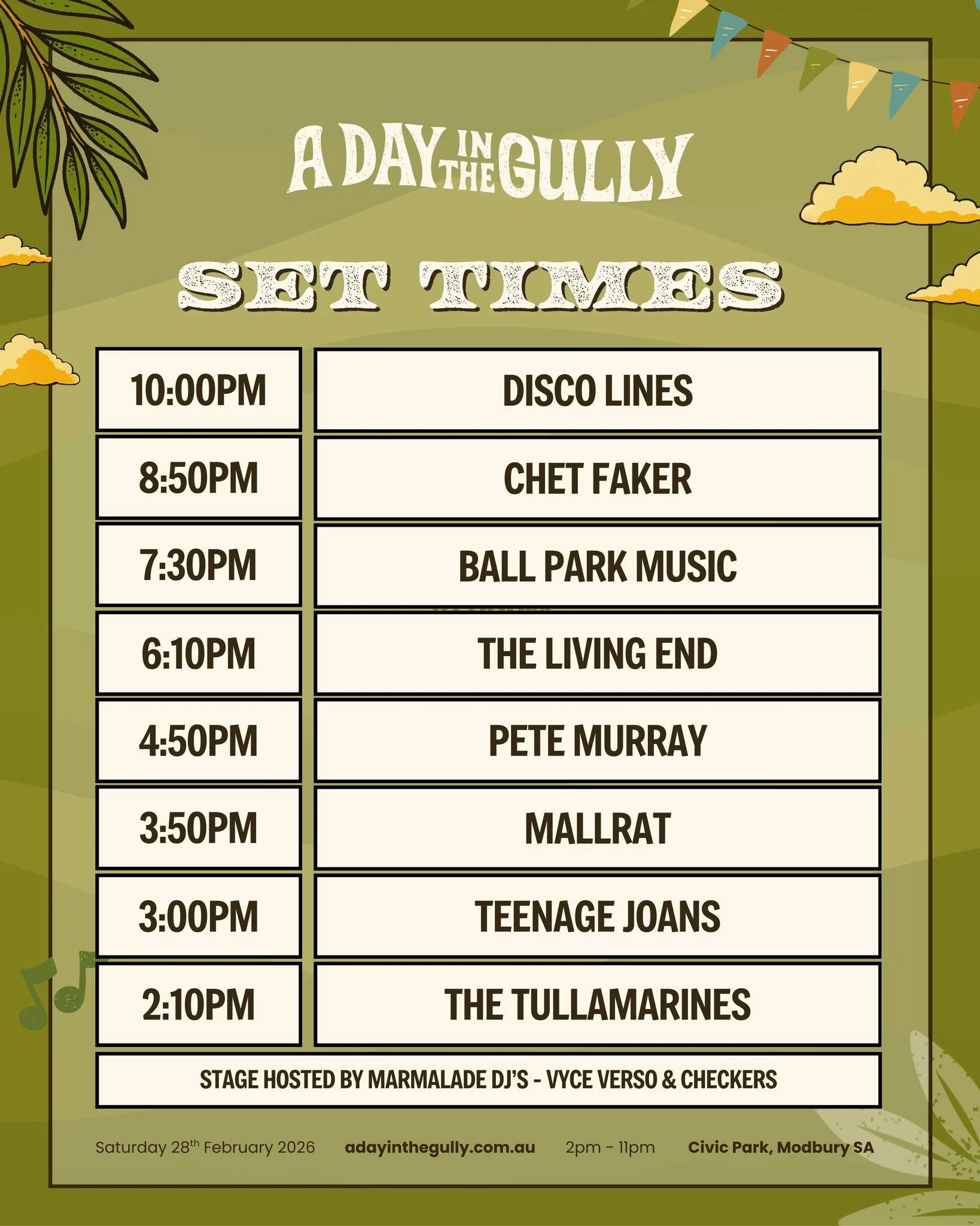 A Day In The Gully 2026 set times poster for Civic Park, Modbury, featuring Ball Park Music, Chet Faker, The Living End, and Mallrat on February 28.