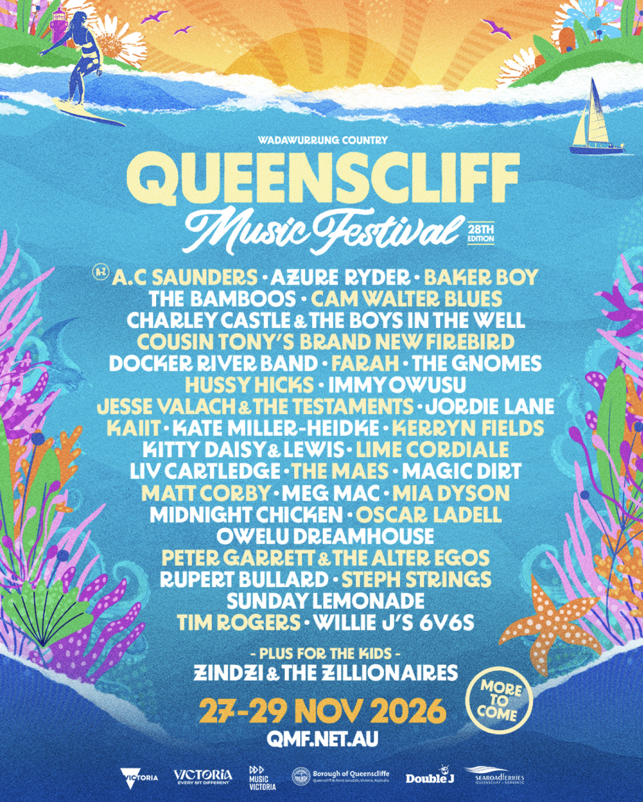 Queenscliff Music Festival 2026 poster with a beach theme, featuring the line-up including Baker Boy, Lime Cordiale, Matt Corby, and Meg Mac.