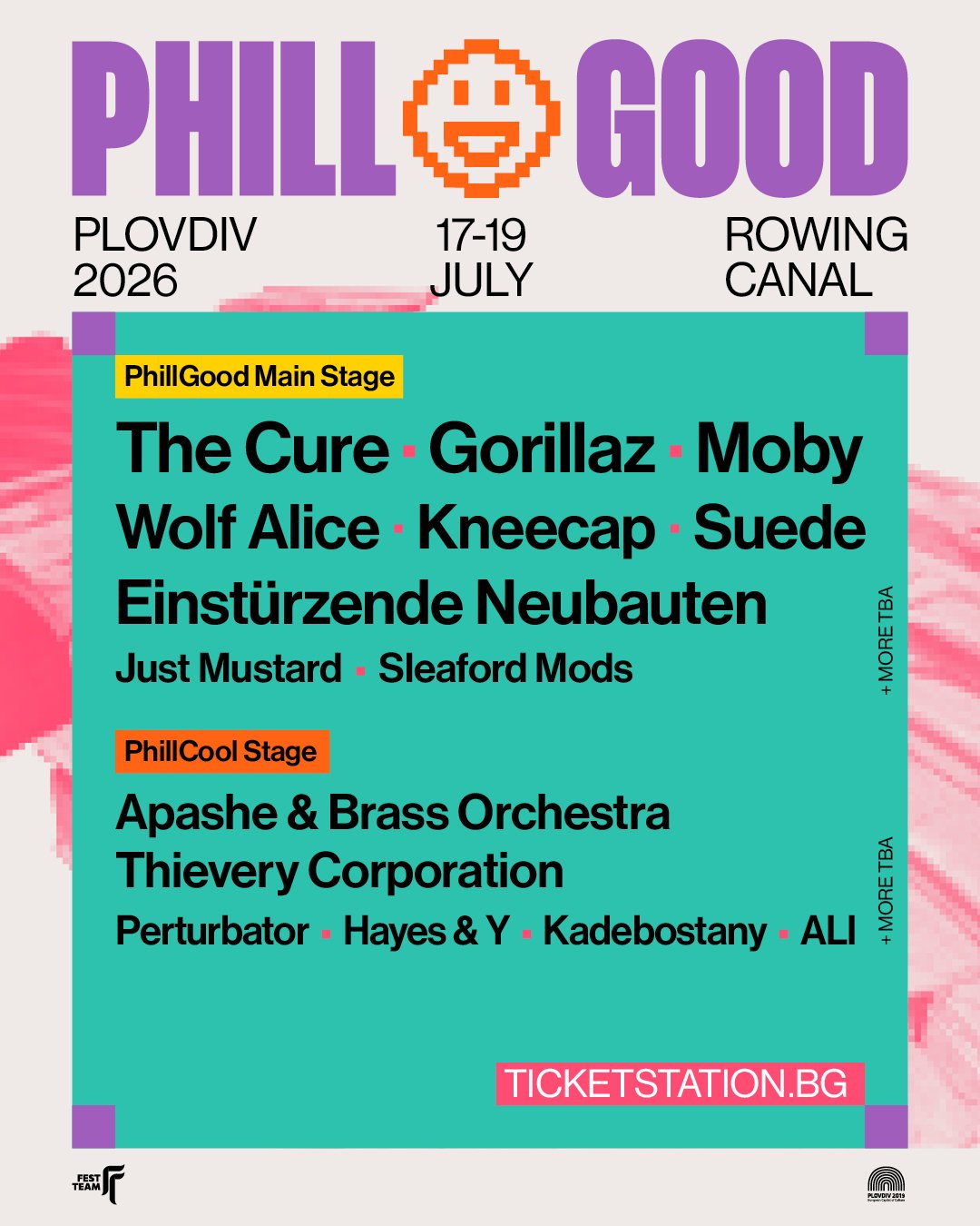 Poster for PhillGood 2026, Plovdiv. Features The Cure, Gorillaz, and Moby at the Rowing Canal, July 17–19. Vibrant purple and teal design.