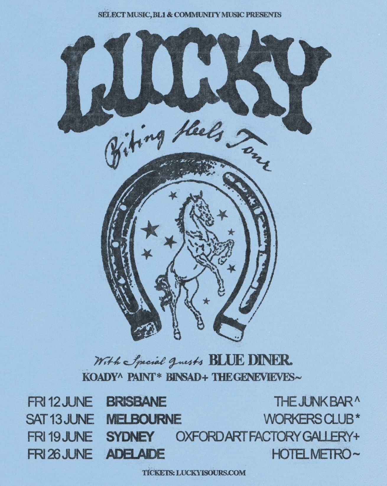 Lucky Biting Heels Tour poster on light blue. Features a horse and horseshoe illustration with June 2026 dates for Brisbane, Melbourne, Sydney, and Adelaide.
