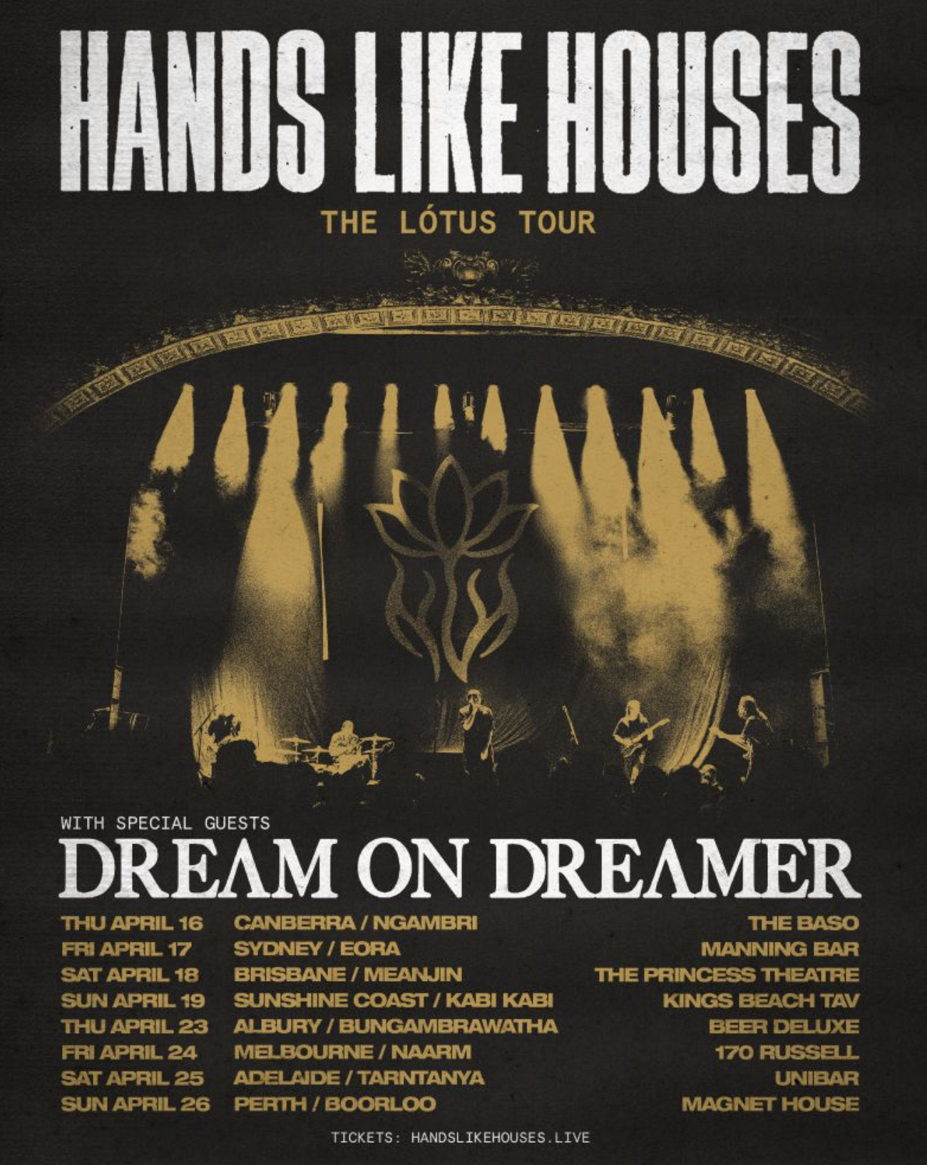 Official tour poster for Hands Like Houses: The Lótus Tour, featuring special guests Dream On Dreamer and a list of Australian concert dates and venues.