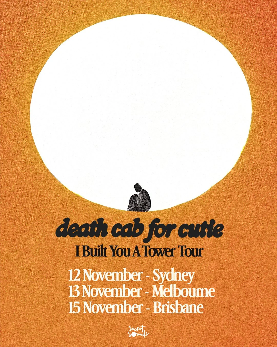 Death Cab for Cutie I Built You A Tower Tour poster. Features 2026 Australian dates for Sydney, Melbourne, and Brisbane on a vibrant orange background.