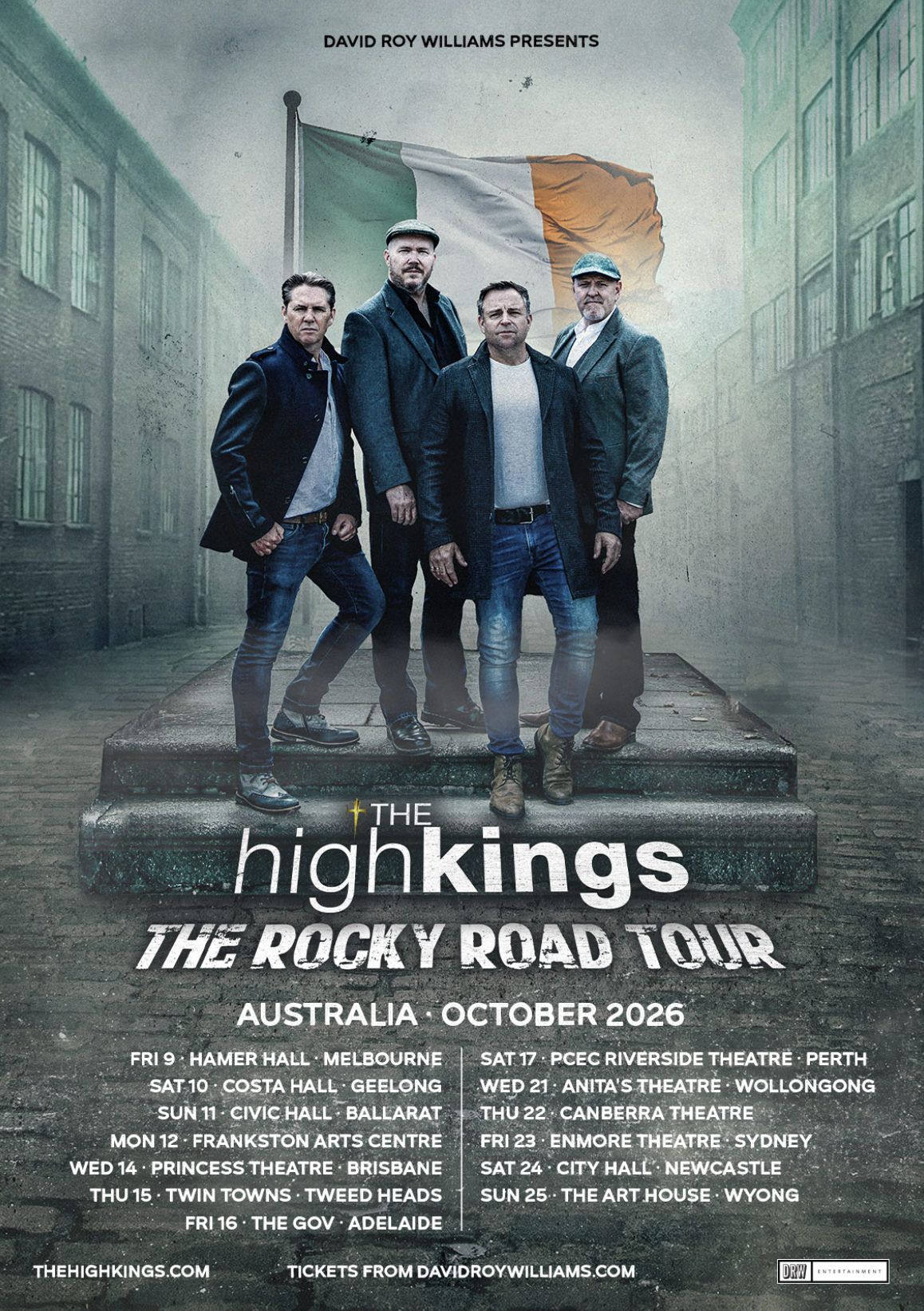 The High Kings Rocky Road Tour 2026 Australia poster featuring the band in front of an Irish flag. Includes tour dates for Melbourne, Sydney, and more.