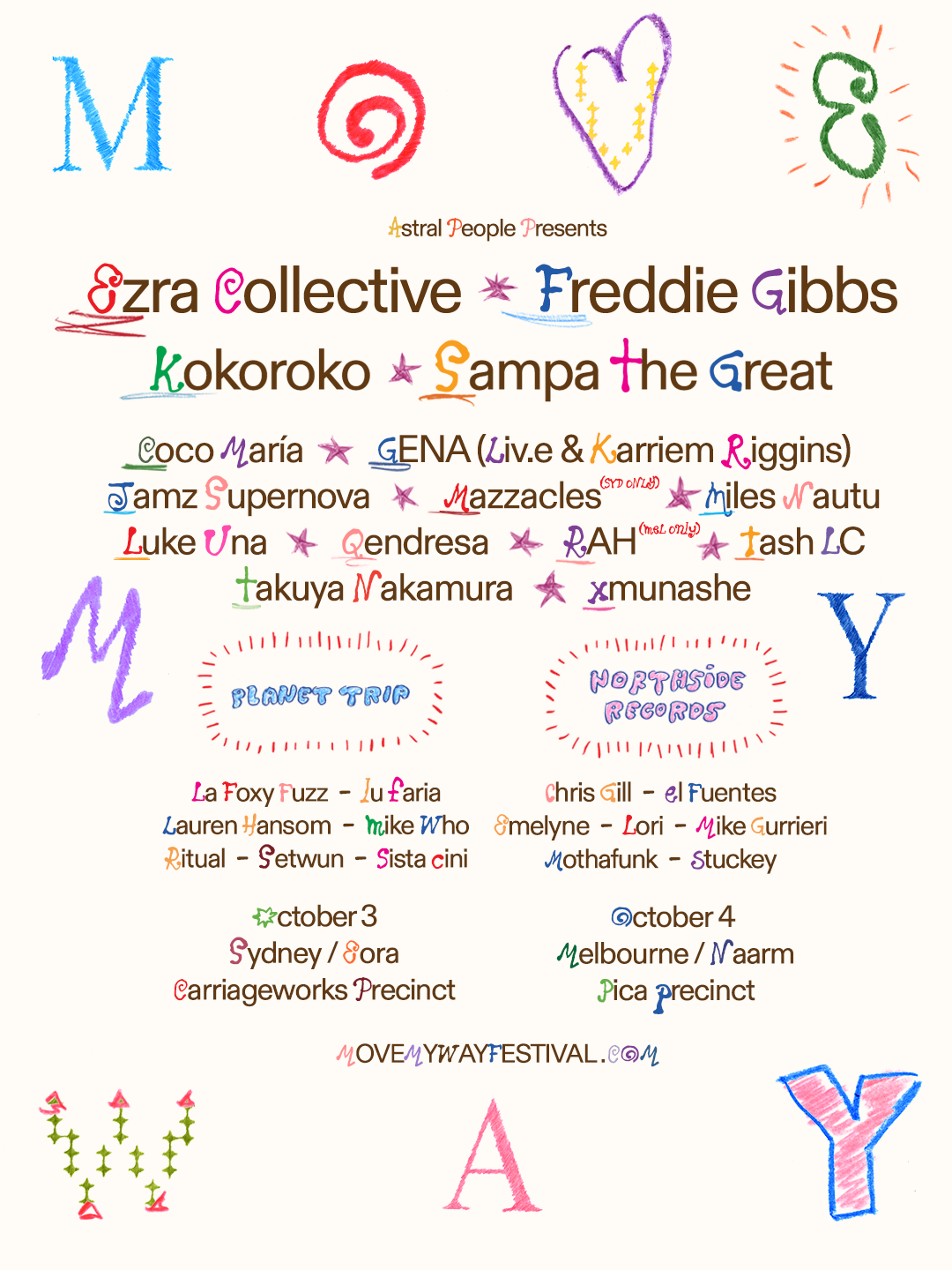 Move My Way festival poster featuring Ezra Collective, Freddie Gibbs, and Sampa the Great, with October dates for Sydney and Melbourne precincts.