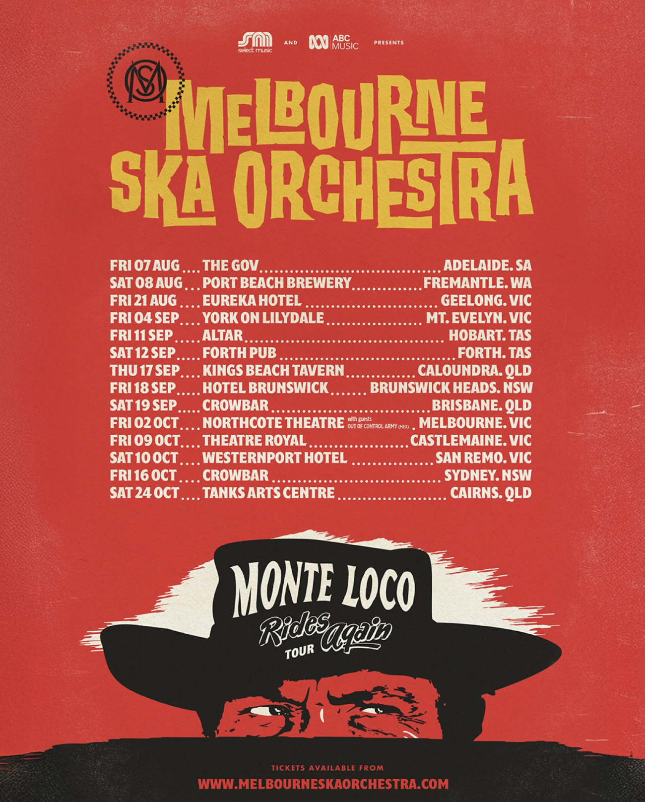 Red concert poster for the Monte Loco Rides Again Tour, listing Australian city venues and dates.