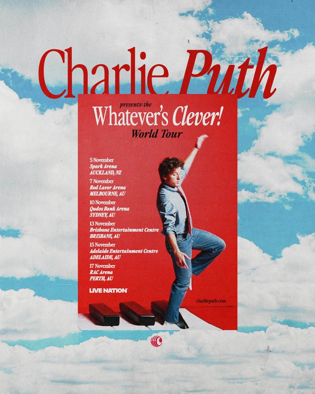 Charlie Puth "Whatever's Clever!" World Tour poster. Features 2026 dates for Auckland, Melbourne, Sydney, Brisbane, Adelaide, and Perth on red backdrop.