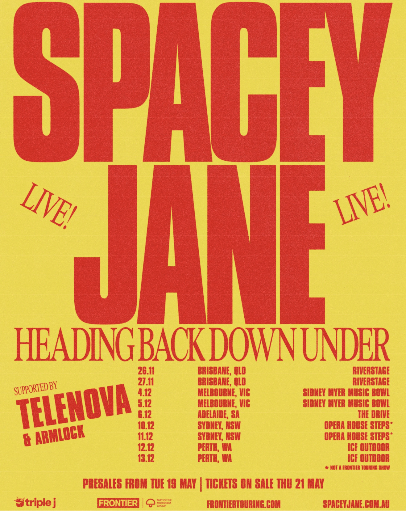 Spacey Jane "Heading Back Down Under" Australian tour poster. Bold red text on yellow, listing dates in Brisbane, Melbourne, Adelaide, Sydney, and Perth.