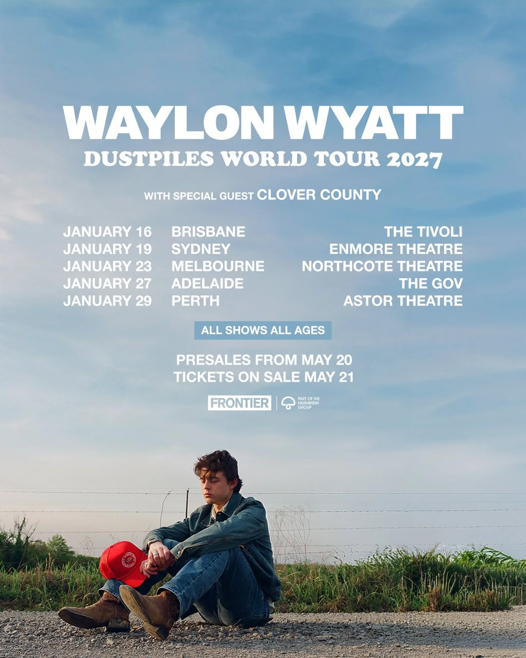 Tour poster for Waylon Wyatt Dustpiles World Tour 2027 in Australia with Clover County. Features January dates for Brisbane, Sydney, Melbourne, Adelaide, Perth