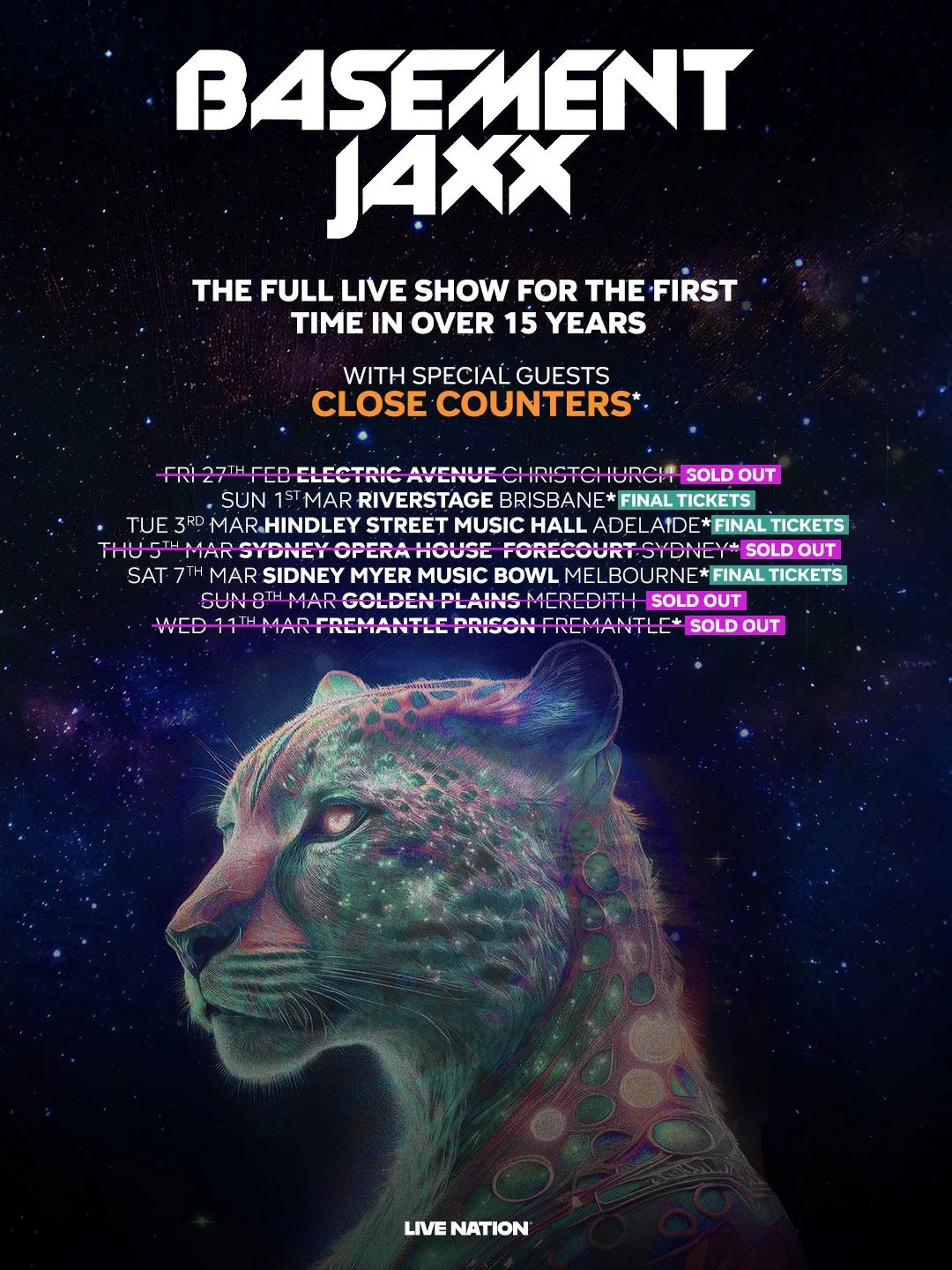 2026 Australia tour poster for Basement Jaxx's first full live show in 15 years. Dates include Brisbane, Adelaide, Sydney, Melbourne, and Perth.