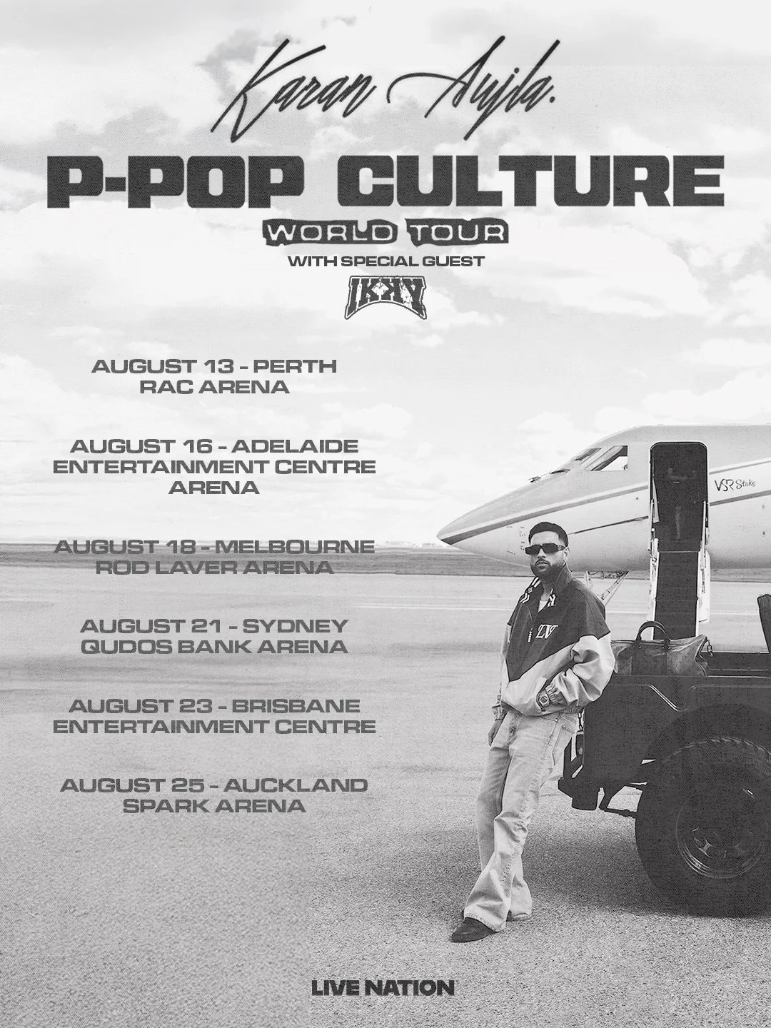 Black and white Karan Aujla P-Pop Culture World Tour poster featuring a list of Australia/Auckland dates next to a man by a private jet.