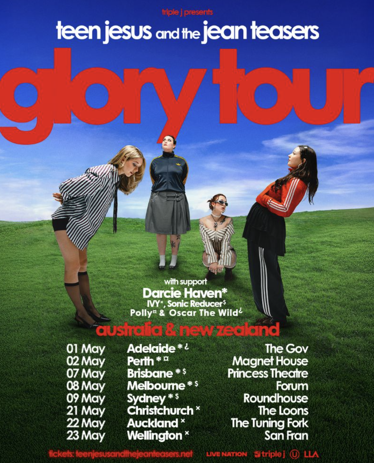 Tour poster for Teen Jesus and the Jean Teasers' Glory Tour in Australia and NZ, featuring band members on a grassy hill with red bold text.