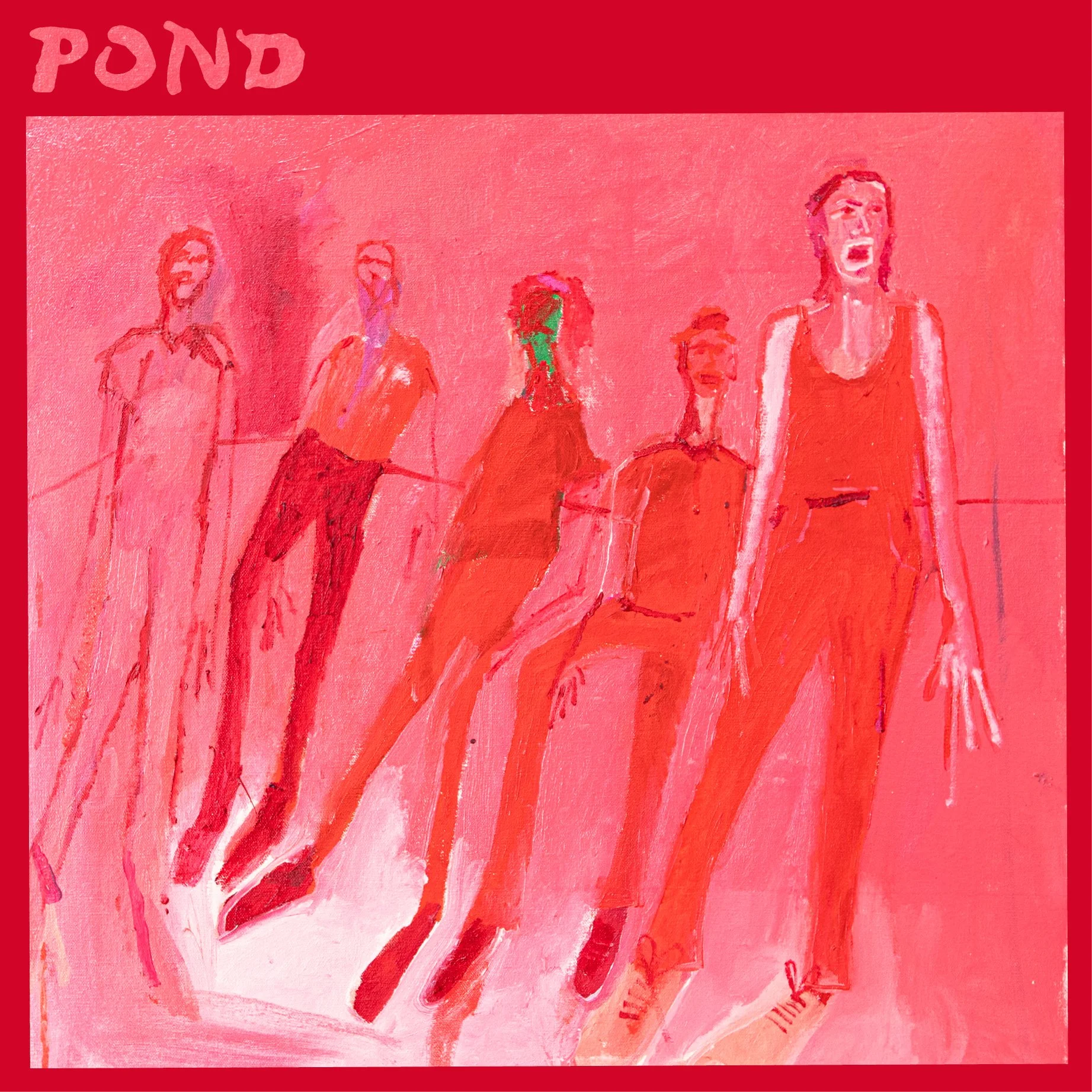 Abstract expressionist painting in shades of pink and red for the POND single "Terrestrials." Five stylized figures appear in a vibrant, textured art style.