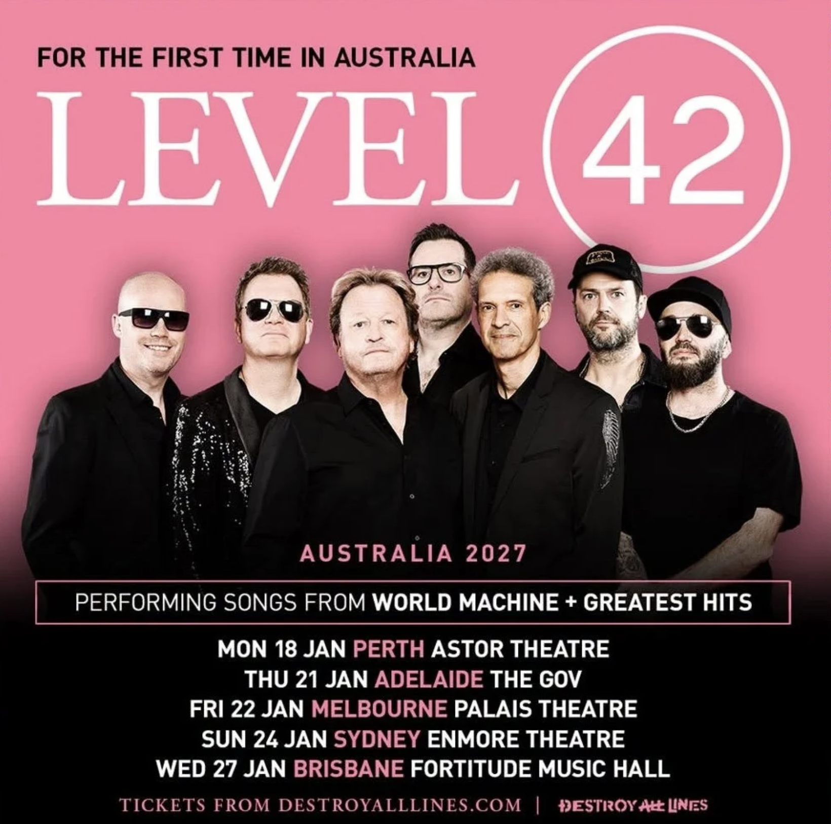 Level 42 Australia 2027 debut tour poster featuring the band on pink, listing January concert dates for World Machine and greatest hits.