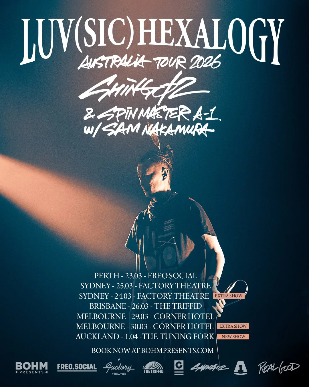 Shing02 Luv(sic) Hexalogy Australia Tour 2026 poster. Dates for Perth, Sydney, Brisbane, Melbourne, and Auckland with Spin Master A-1 and Sam Nakamura.