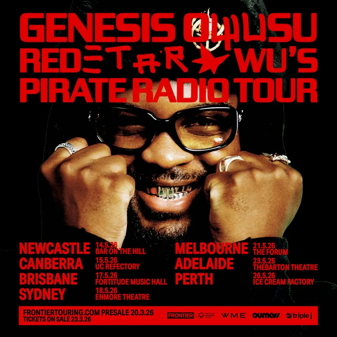Tour poster for Genesis Owusu's Redetar Wu's Pirate Radio Tour 2026. Australian tour dates for Sydney, Melbourne, Brisbane, Adelaide, and Perth.