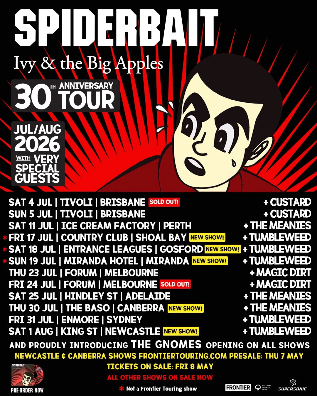Spiderbait Ivy & the Big Apples 30th Anniversary Tour poster. July 2026 dates for Brisbane, Perth, Melbourne, Adelaide, and Sydney on a red backdrop.