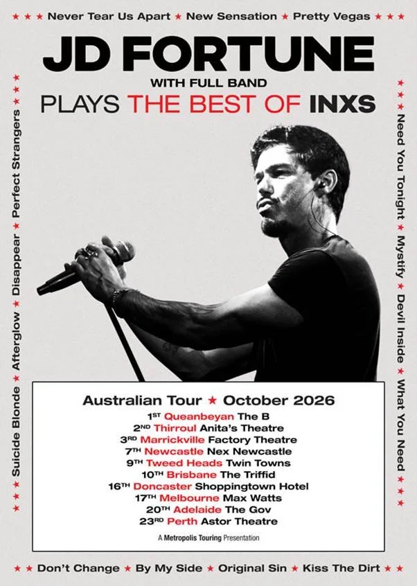 JD Fortune "Plays The Best of INXS" Australian Tour 2026 poster. Features October dates for Sydney, Melbourne, and Brisbane with a full live band.