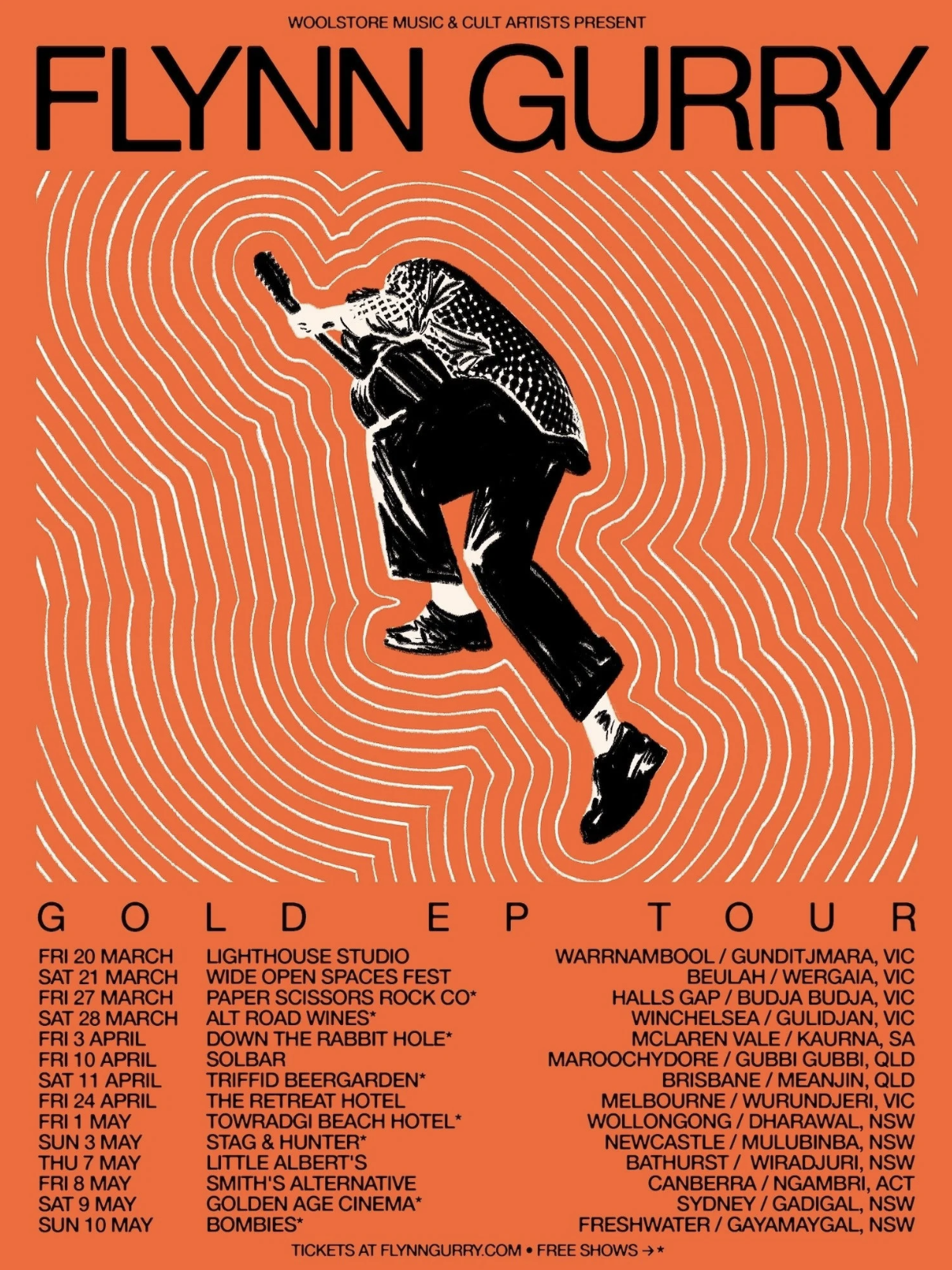 Flynn Gurry Gold EP Tour poster featuring an orange psychedelic design and Australian tour dates from March to May. Tickets at FlynnGurry.com.