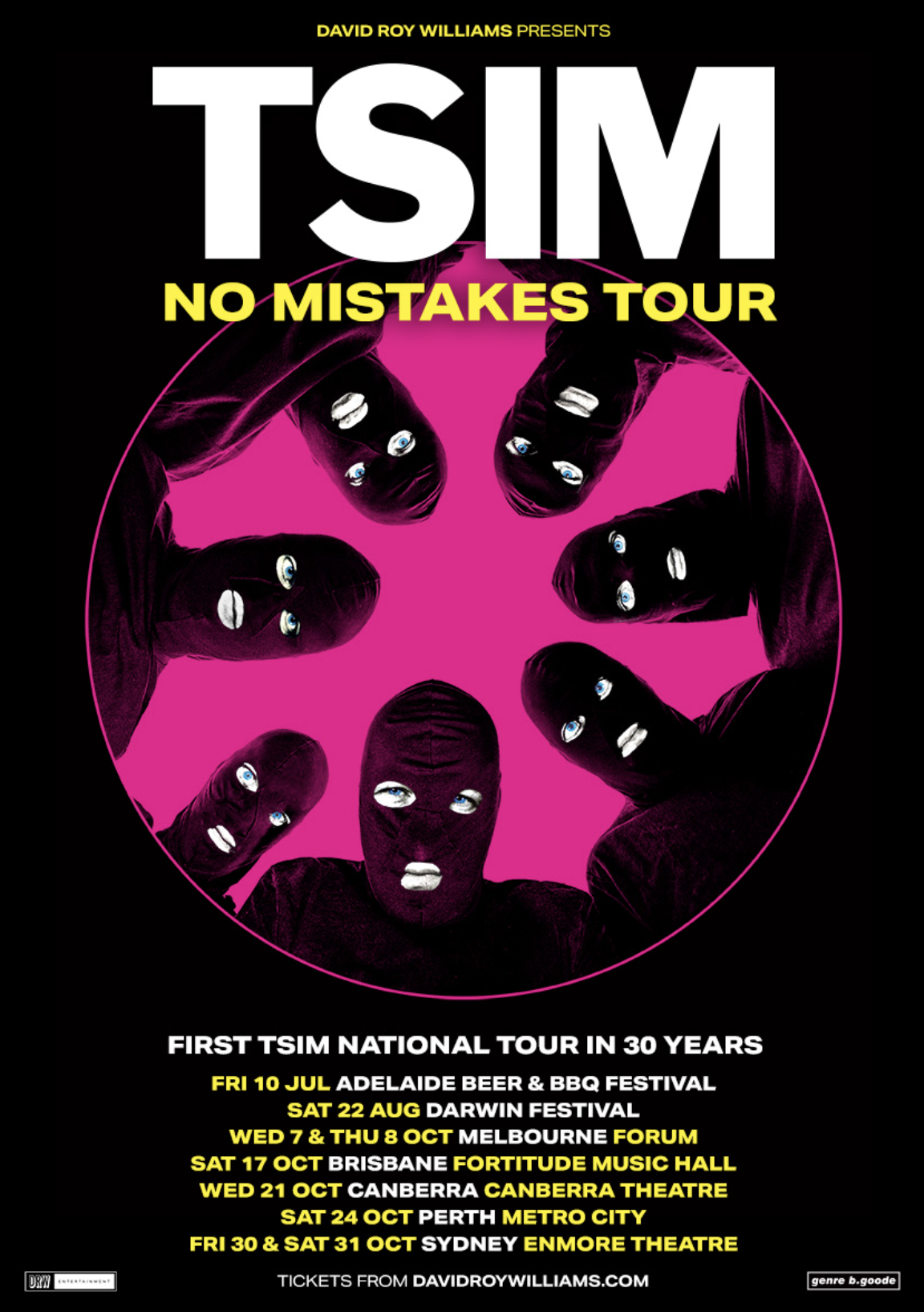 Tour poster for TISM No Mistakes Tour. Features band members in balaclavas over a pink circle, listing Adelaide, Darwin, Melbourne, Sydney dates.