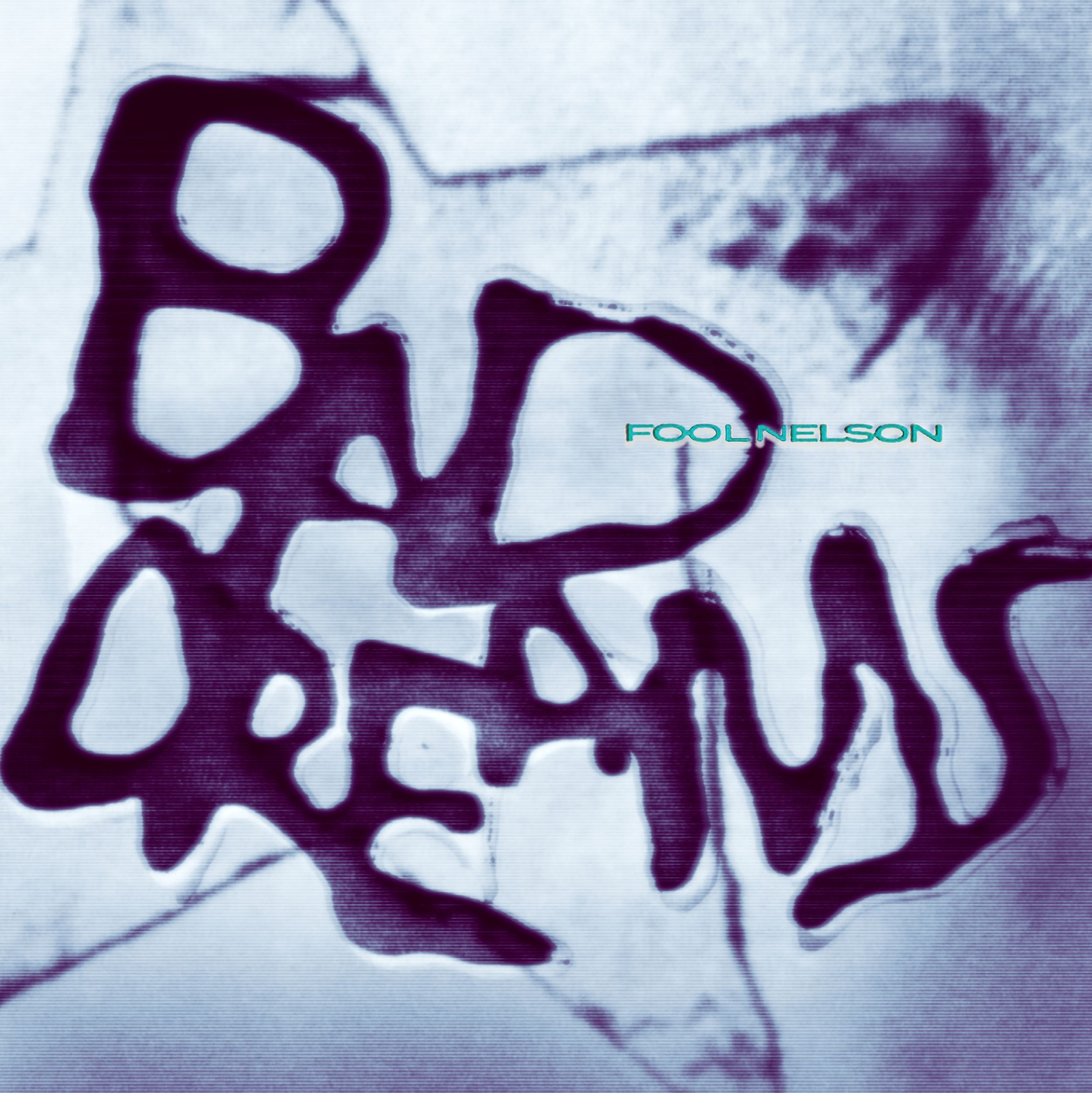 Album artwork for Fool Nelson's Bad Dreams EP, featuring distorted, purple stylized text on a grainy, light blue textured background.