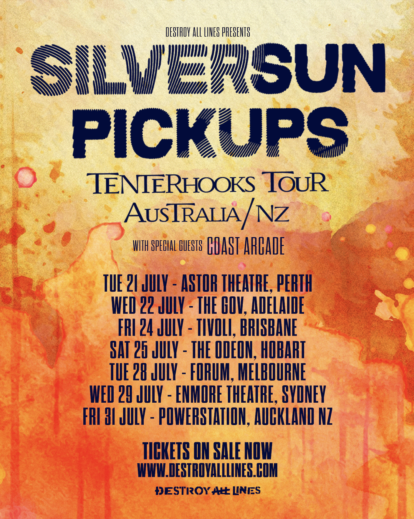 Silversun Pickups Tenterhooks Tour poster for Australia and NZ. Dates in Perth, Adelaide, Brisbane, Hobart, Melbourne, Sydney, and Auckland July 2026.