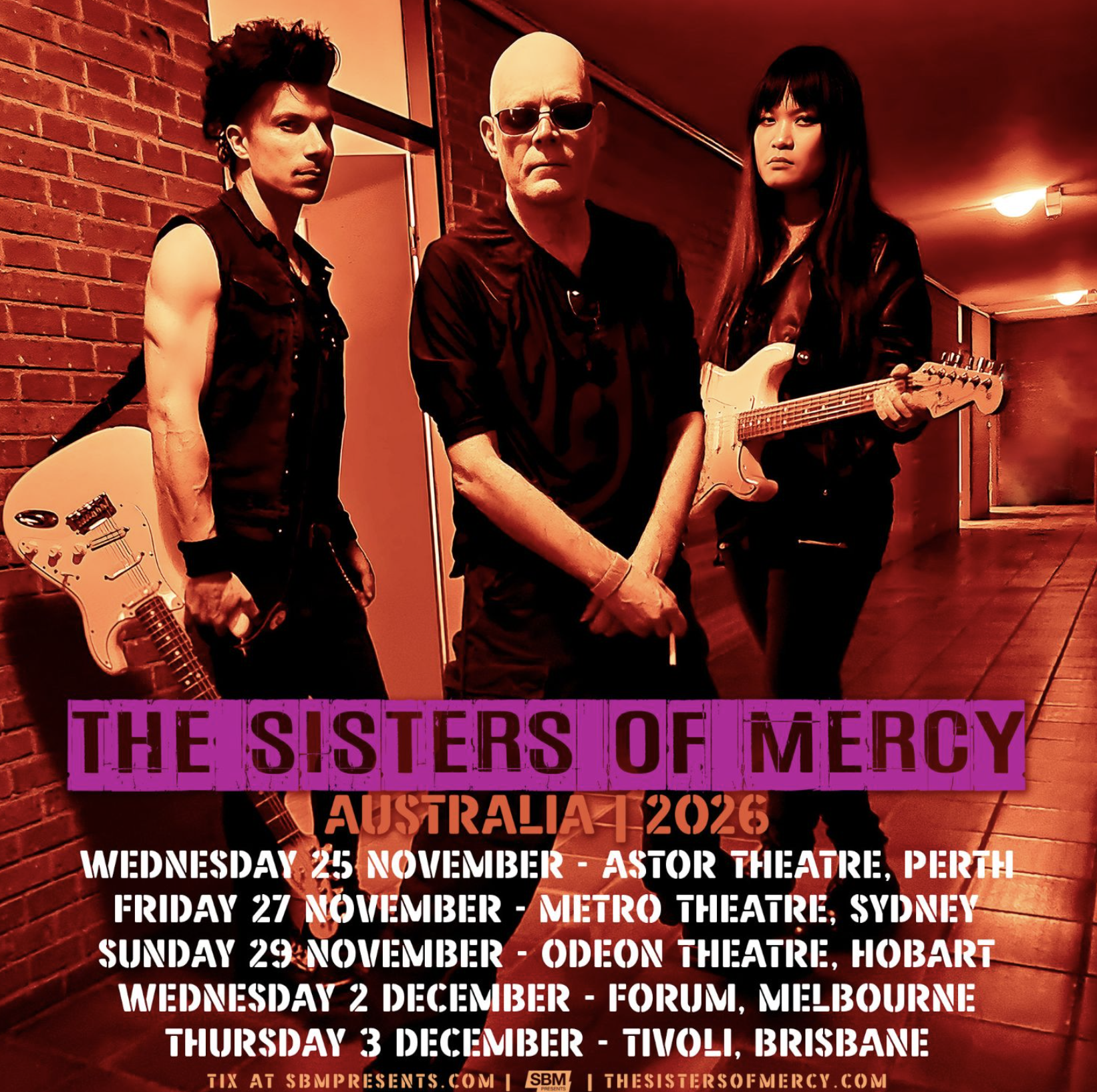 Tour poster for gothic rock band The Sisters of Mercy Australia 2026 tour, listing concert dates in Perth, Sydney, Hobart, Melbourne, and Brisbane.