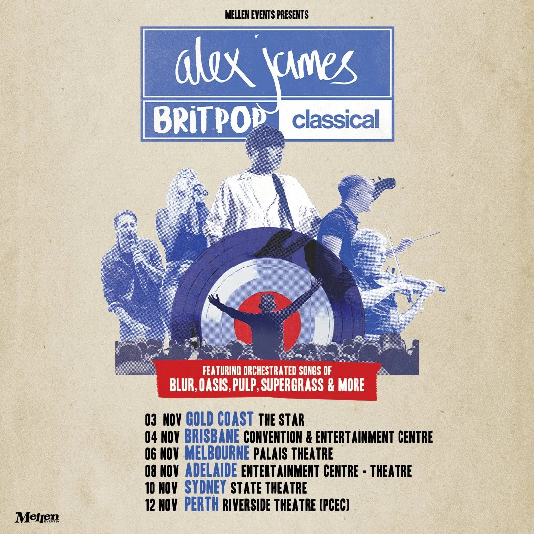 Alex James Britpop Classical 2026 tour poster. Orchestrated songs of Blur and Oasis. November Australian dates for Gold Coast, Sydney, and Melbourne.