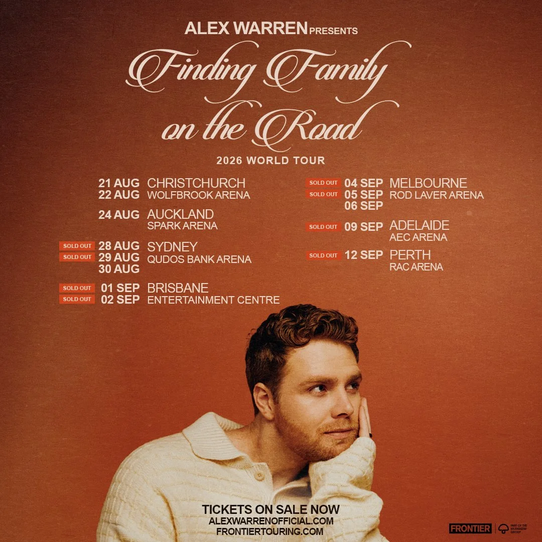 Alex Warren tour poster for Finding Family on the Road 2026 World Tour, featuring Australia and New Zealand concert dates on a brown background.