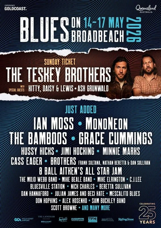 Blues on Broadbeach 2026 festival poster featuring The Teskey Brothers, Ian Moss, MonoNeon, and The Bamboos for the 25th anniversary on the Gold Coast.