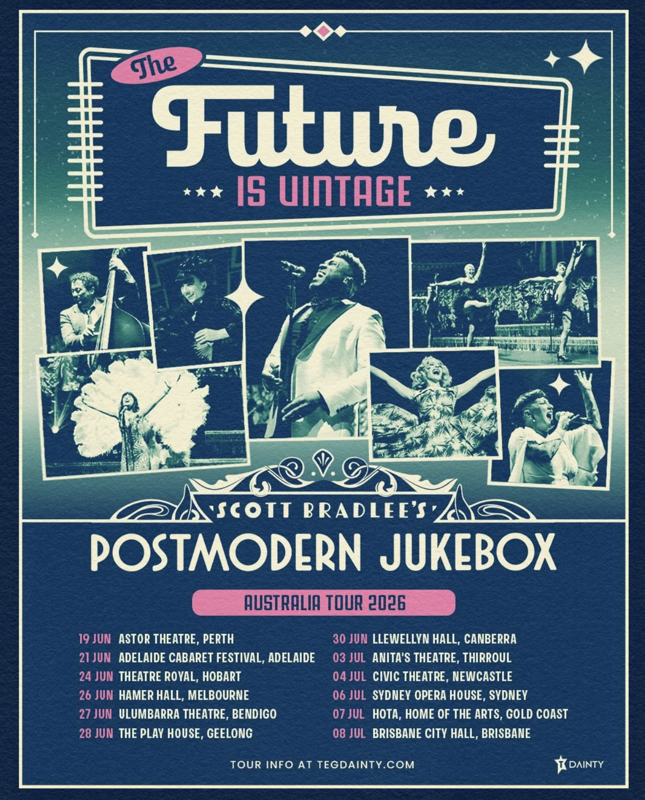 Scott Bradlee's Postmodern Jukebox "The Future Is Vintage" Australia Tour 2026 poster with dates, venues, and vintage-style performers.
