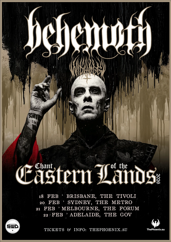 Behemoth Chant of the Eastern Lands 2026 Australia tour poster, featuring February dates for Brisbane, Sydney, Melbourne, and Adelaide.