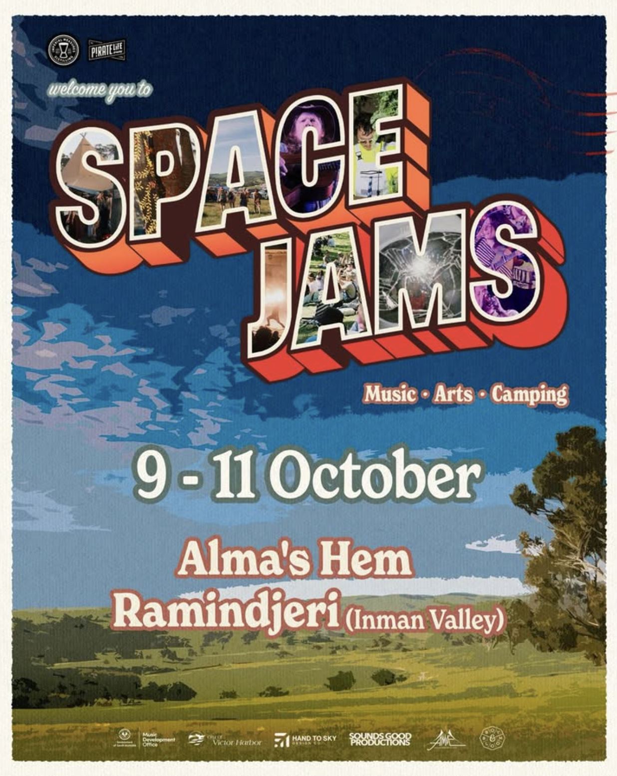 Event poster for Space Jams music, arts, and camping festival from 9-11 October at Alma's Hem, Ramindjeri in Inman Valley, featuring a valley landscape.
