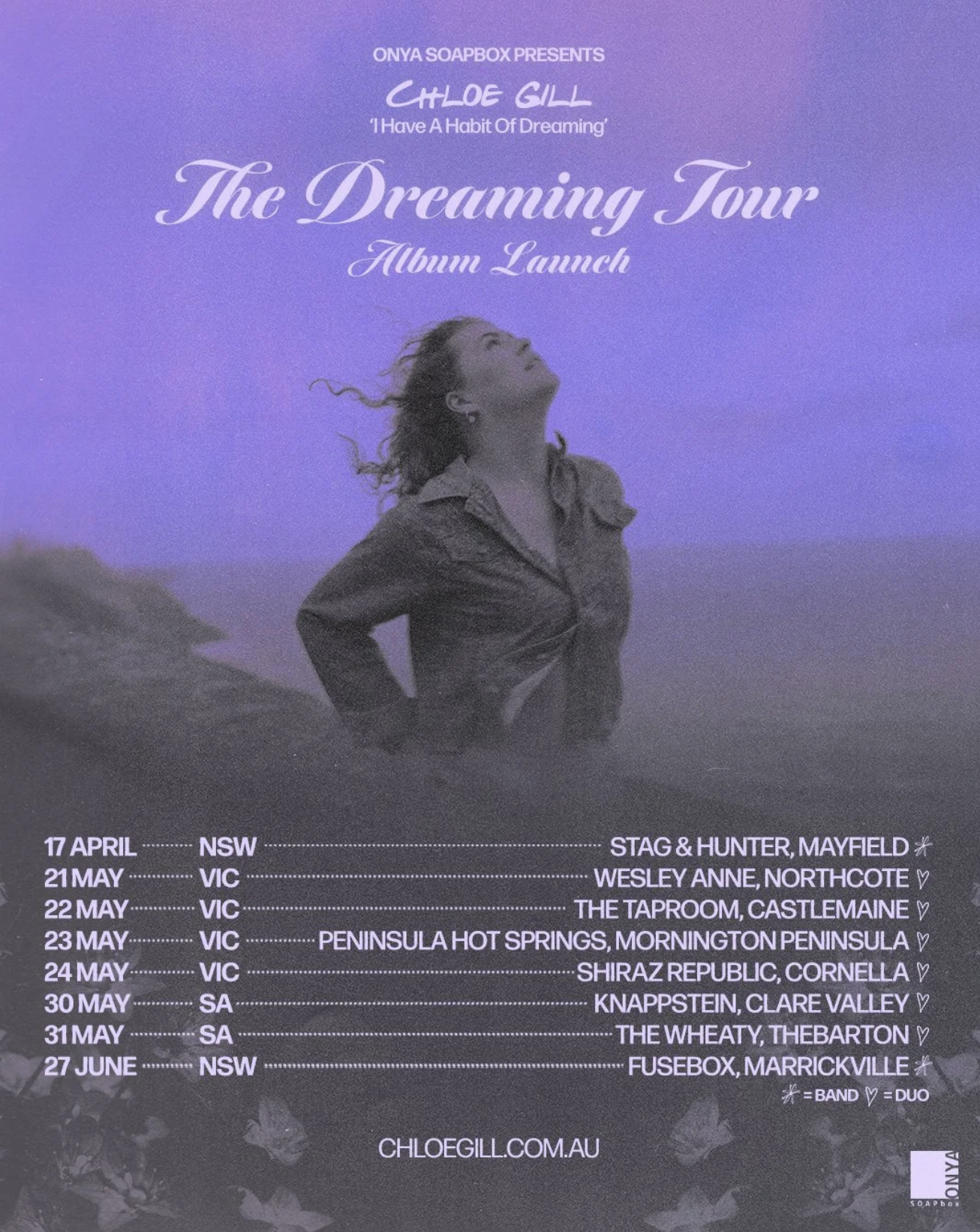 Chloe Gill 2026 "The Dreaming Tour" Australian debut album launch poster, listing live dates in Mayfield, Northcote, Castlemaine, and Marrickville.