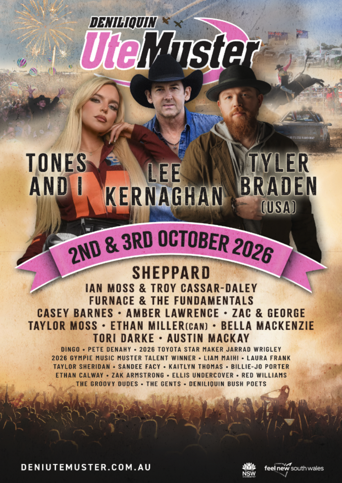 2026 Deni Ute Muster poster for Oct 2–3. Headliners Tones and I, Lee Kernaghan, and Tyler Braden lead a huge lineup in Deniliquin, New South Wales.