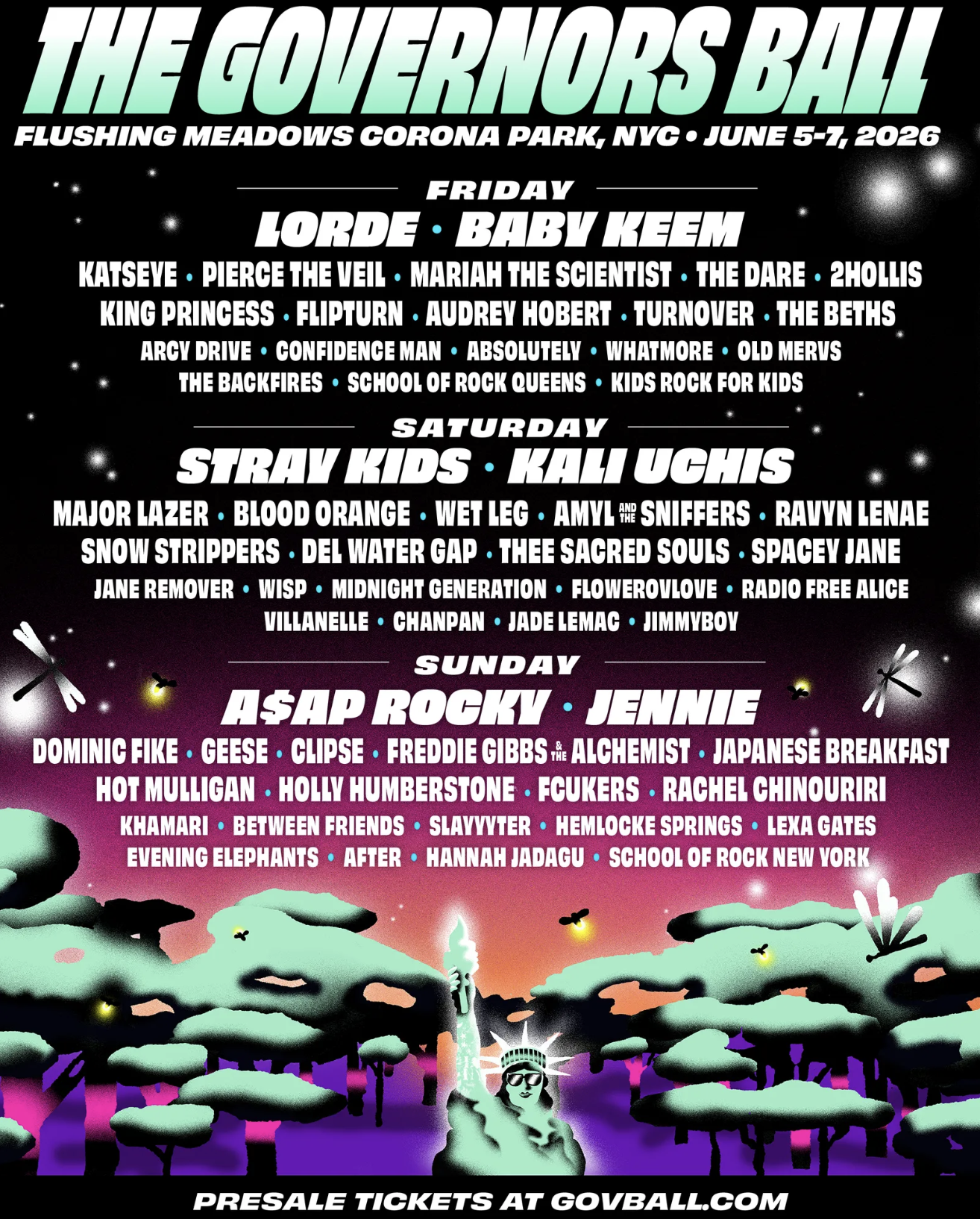 Official Governors Ball 2026 poster for June 5-7 at Flushing Meadows Corona Park, NYC. Headliners include Lorde, Stray Kids, A$AP Rocky, and Jennie.