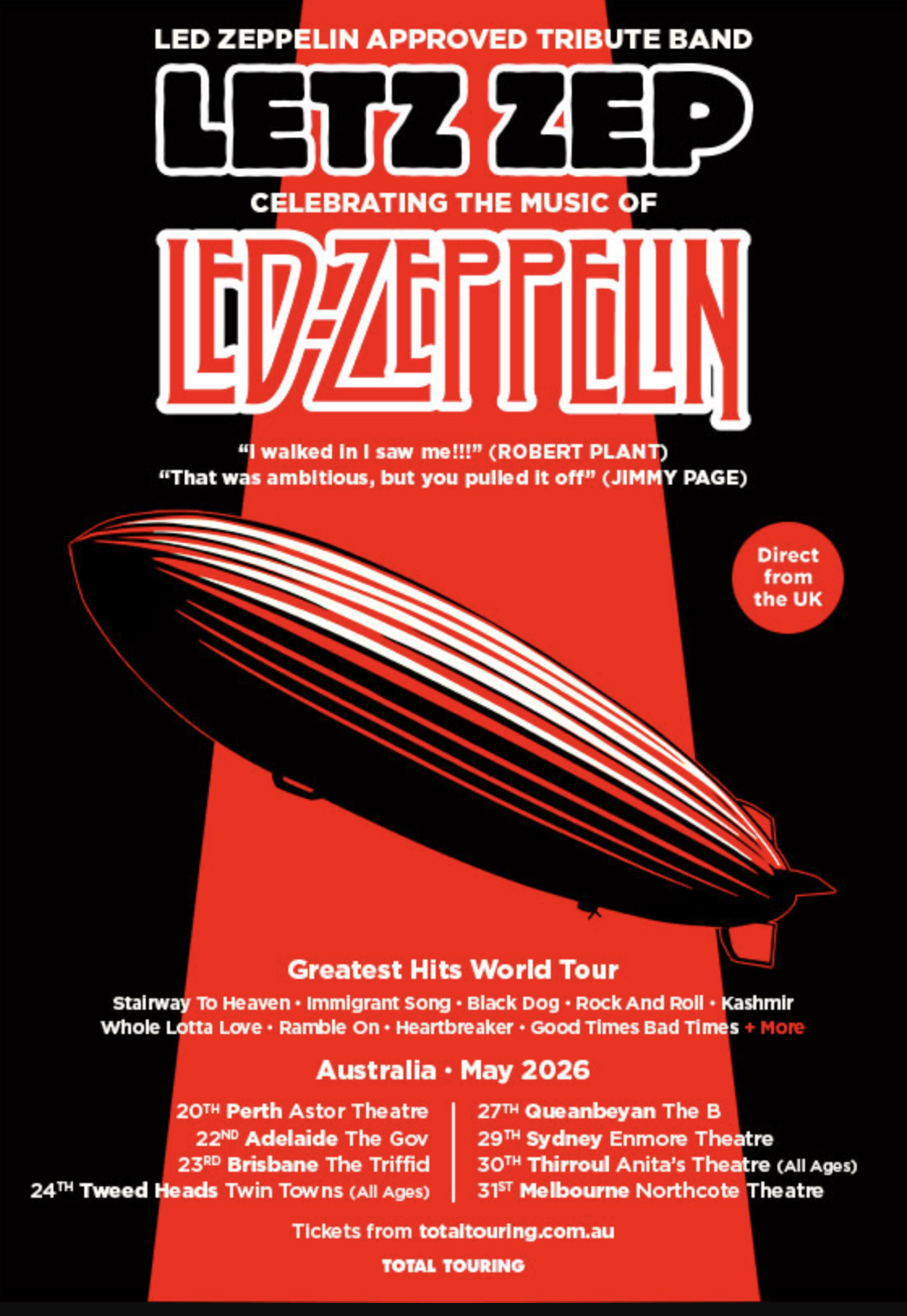 Tour poster for Letz Zep's 2026 Australia tour. Features a red zeppelin on a black background with tour dates for May across various major cities.