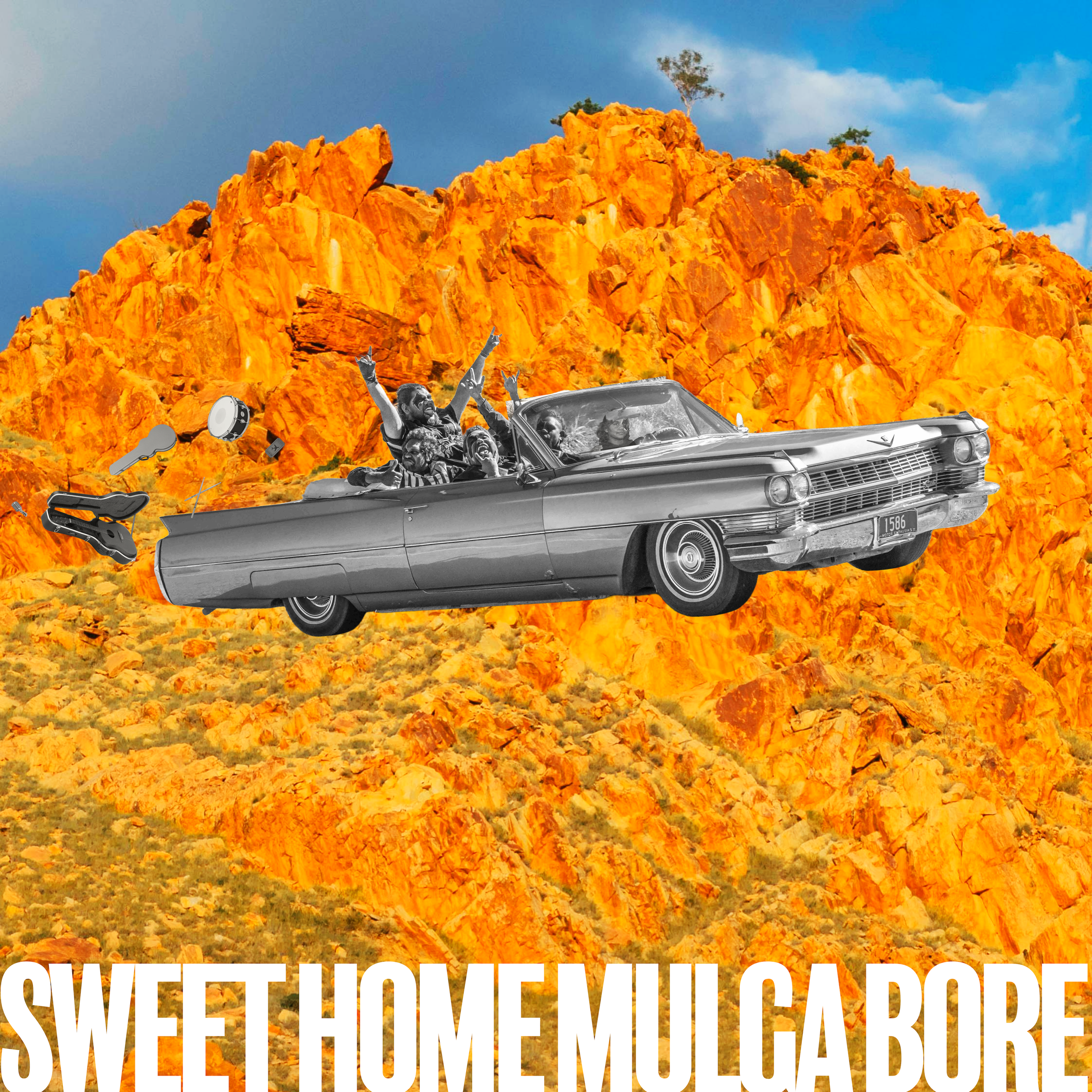 Mulga Bore Hard Rock Sweet Home Mulga Bore album artwork. A black and white car flying over an orange rocky outback desert mountain range.