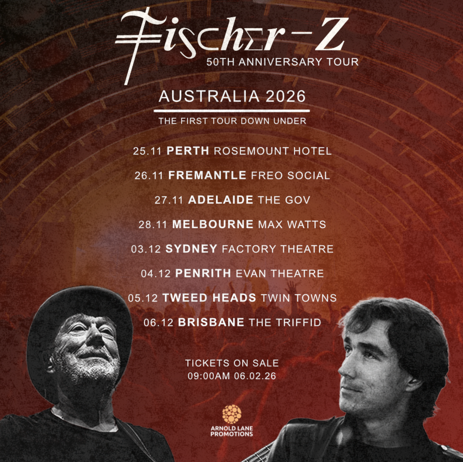 Fischer-Z "50th Anniversary Tour" Australia 2026 poster. Includes tour dates for Perth, Adelaide, Melbourne, Sydney, and Brisbane in Nov/Dec 2026.