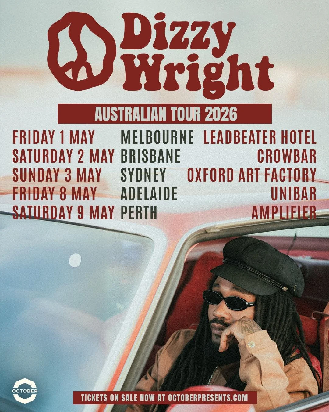 Tour poster for American rapper Dizzy Wright's 2026 Australian tour. Listing May dates for Melbourne, Brisbane, Sydney, Adelaide, and Perth.