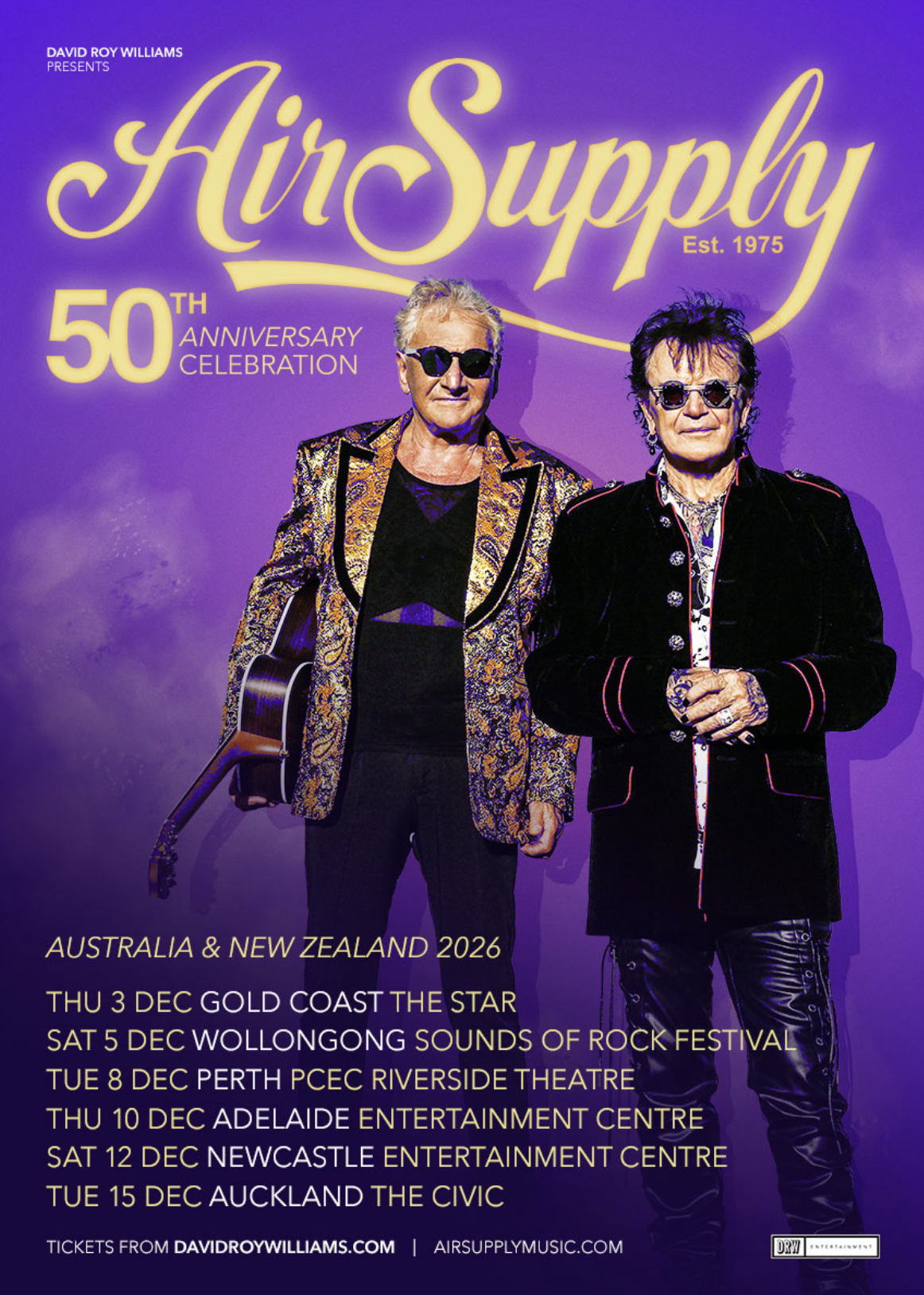 Concert poster for the 50th Anniversary Celebration 2026 tour across Australia and New Zealand city venues.