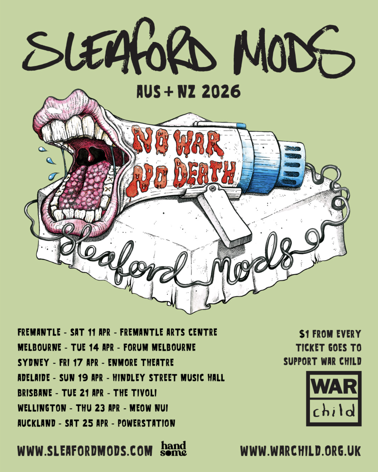 Sleaford Mods AUS + NZ 2026 Tour poster featuring "No War No Death" art. Shows dates for Melbourne, Sydney, Auckland, and more for War Child.