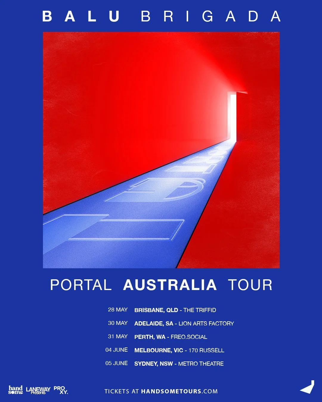 Balu Brigada "Portal Australia Tour 2026" poster. Includes dates for Brisbane, Adelaide, Perth, Melbourne, and Sydney in May and June.