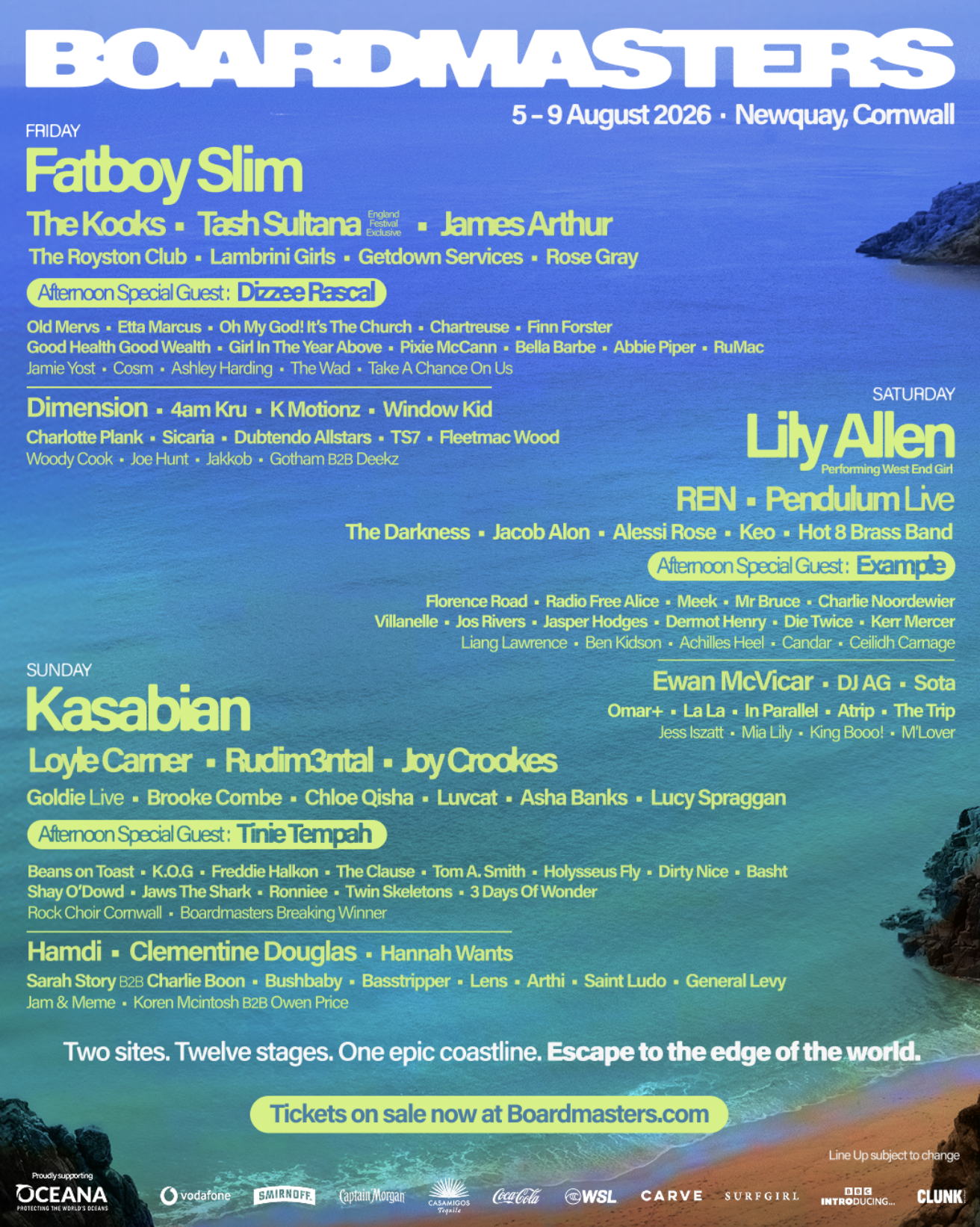 Boardmasters 2026 festival poster in Newquay, Cornwall, featuring headliners Fatboy Slim, Lily Allen, and Kasabian. Tickets on sale at Boardmasters.com.