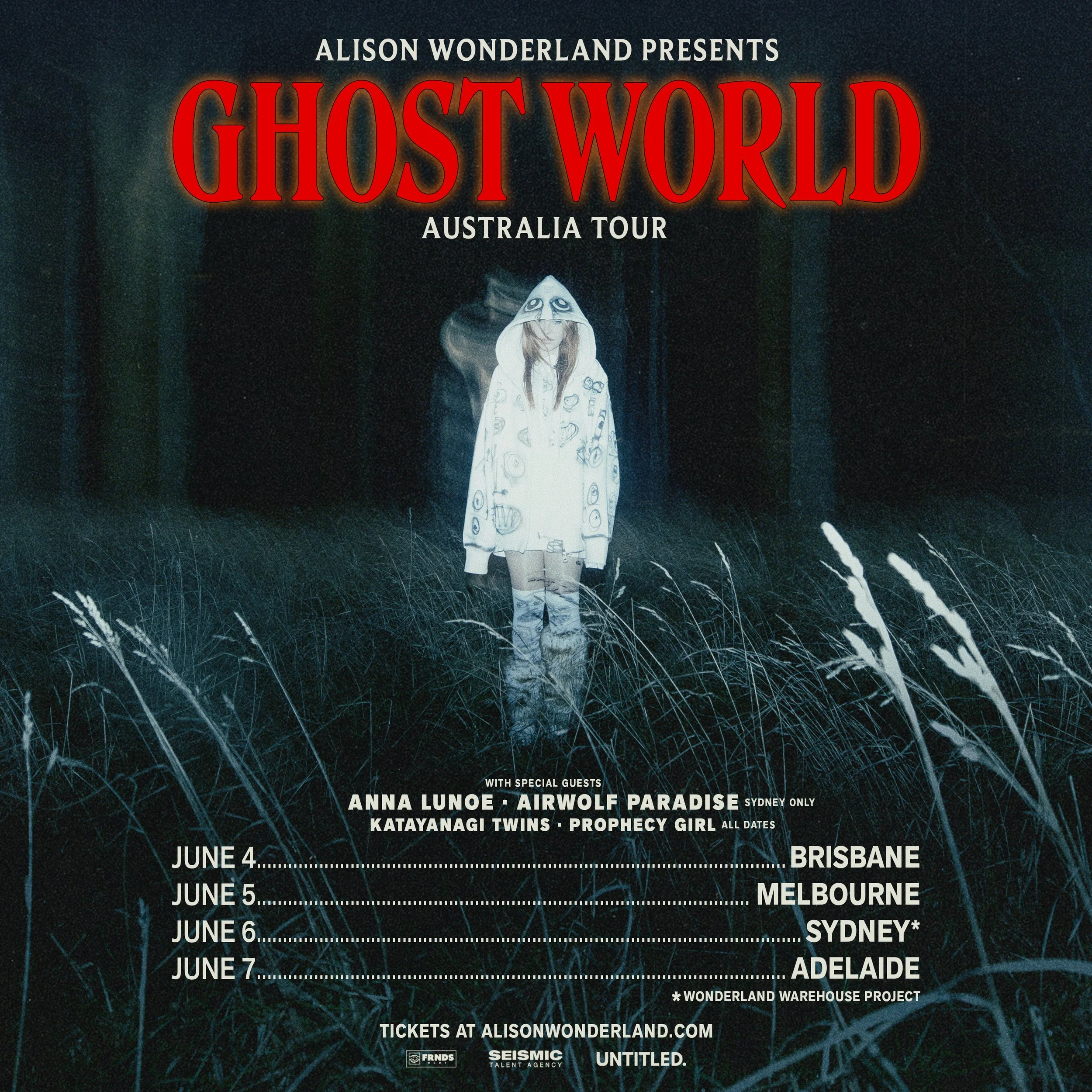 Alison Wonderland in a teal tracksuit on a swing set at dusk, with a person in a white ghost sheet on the adjacent swing against a green-tinged sky.